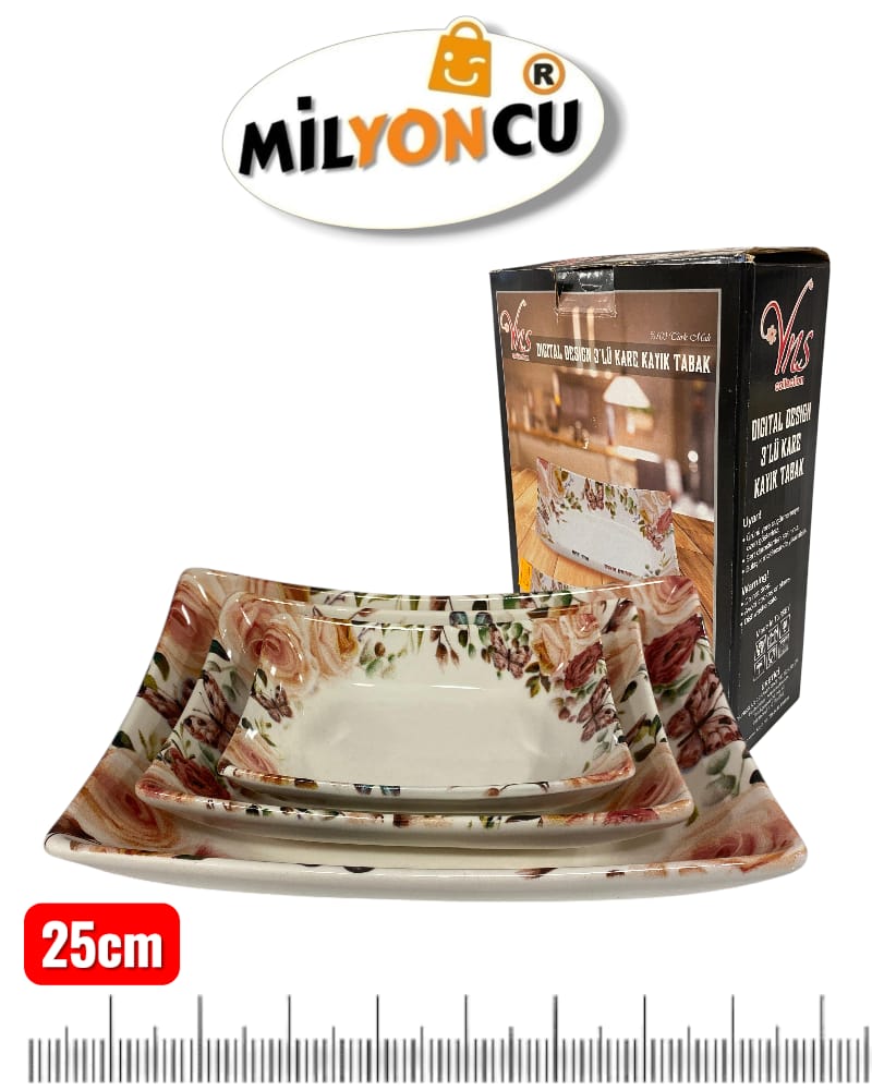 YNS 3'LÜ DESENLİ KARE KAYIK TABAK